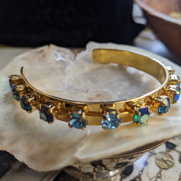 Aquamarine and Dark Metallic Blue Crystal Cuff Bracelet in 14k Gold Plated - Picture 1 of 4